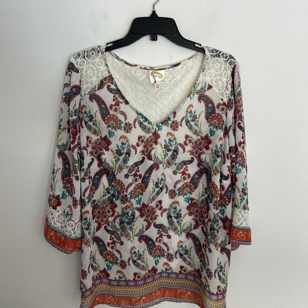 Fig & Flower Women's 2X‎ Paisley 3/4 Sleeve Embroidered Boho Flowy Blouse